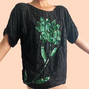 Vintage Black Beaded Sequin Blouse with Green Flower Design